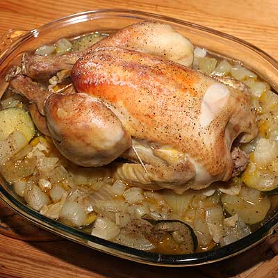 Recette, Poulet rôti sur lit de courgettes